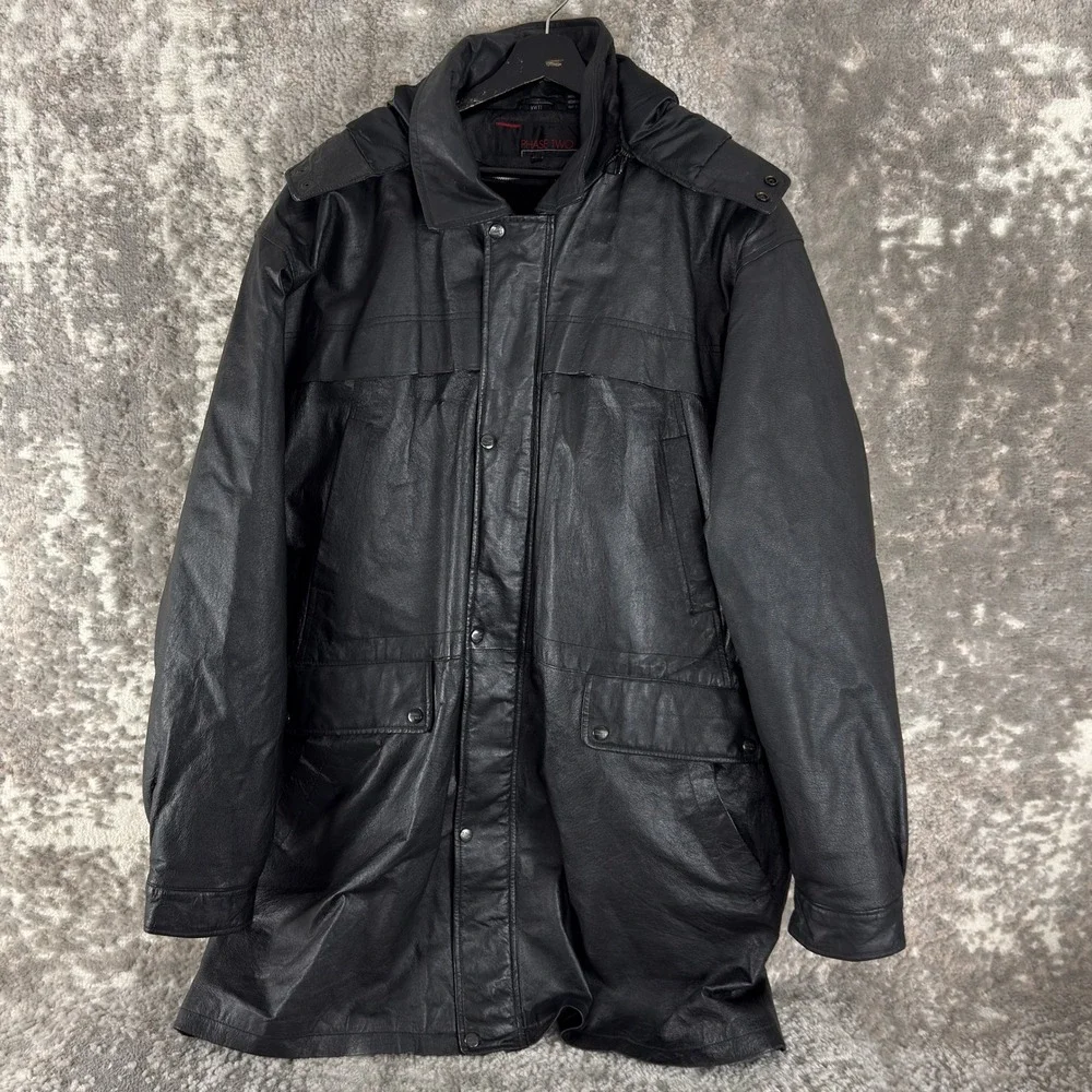Phase Two Size XXLT Leather Hooded Removable Liner Parka Jacket Black Long Mens